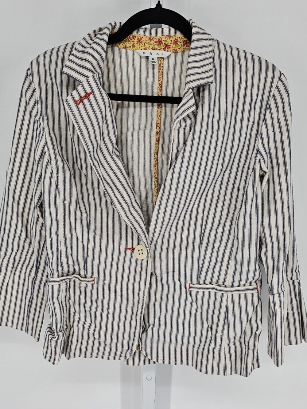 Cabi Blazer Jacket Womens 8 Blue Striped Cotton Blend Long Sleeve Casual Pocket